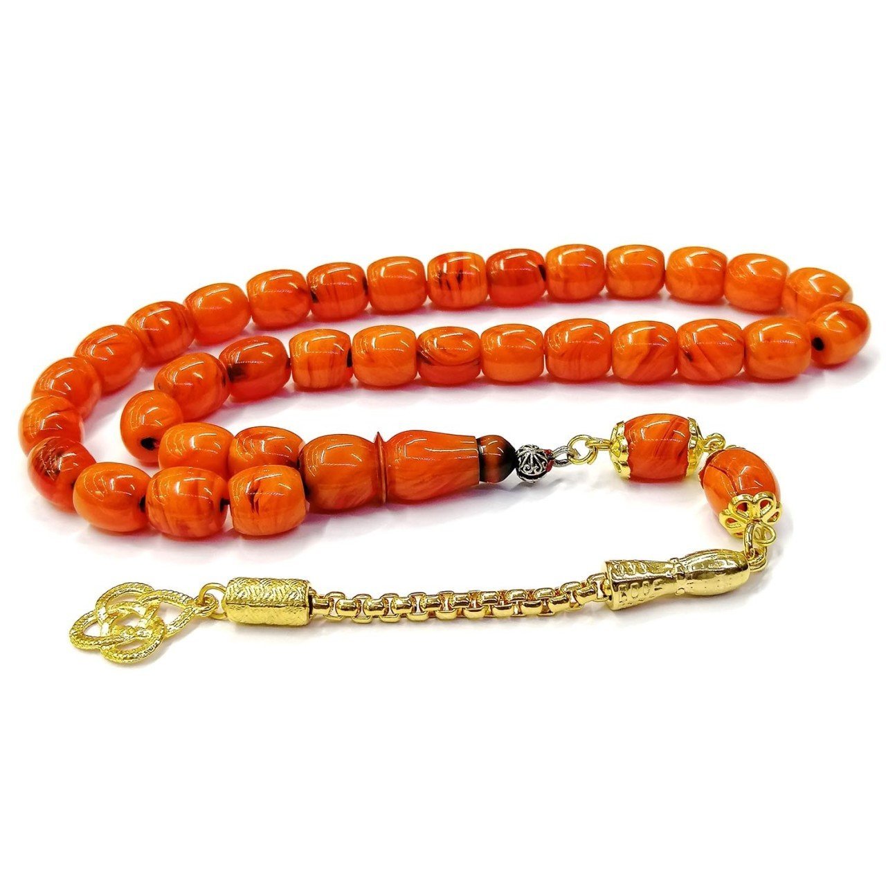 Sarı Renk Kaplama Kararmaz Püsküllü Teker Kesim Turuncu Damarlı Sıkma Kehribar Tesbih