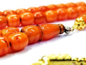 Sarı Renk Kaplama Kararmaz Püsküllü Teker Kesim Turuncu Damarlı Sıkma Kehribar Tesbih