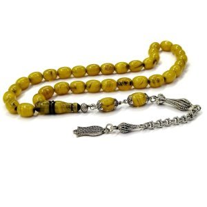 Kararmaz Püsküllü Kapsül Kesim Açık Yeşil Renk Damarlı Sıkma Kehribar Tesbih