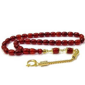 Sarı Renk Kaplama Kararmaz Püsküllü Kapsül Kesim Kırmızı Sıkma Kehribar Tesbih