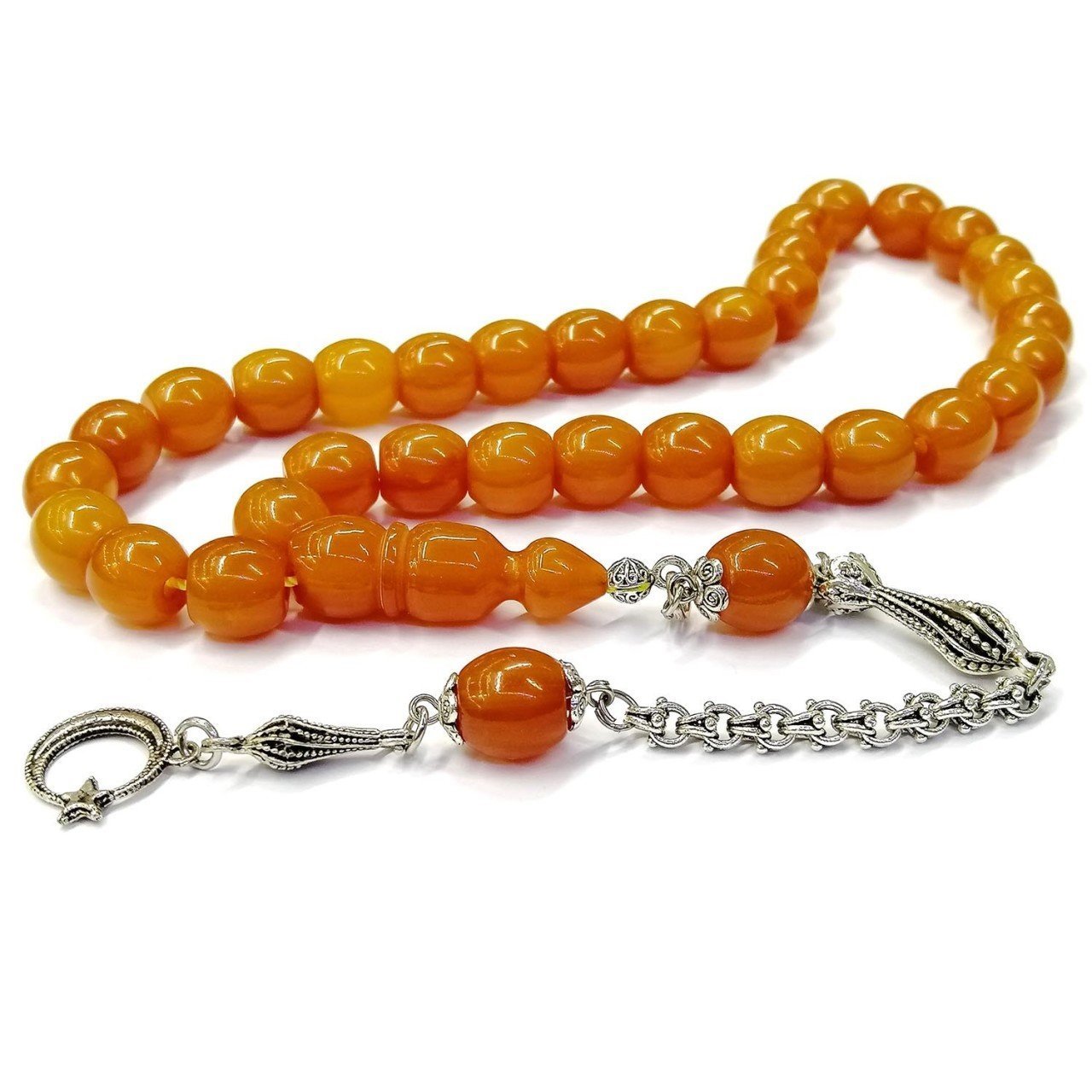 Kararmaz Püsküllü Teker Kesim Sarı Renk Dik Damarlı Sıkma Kehribar Tesbih