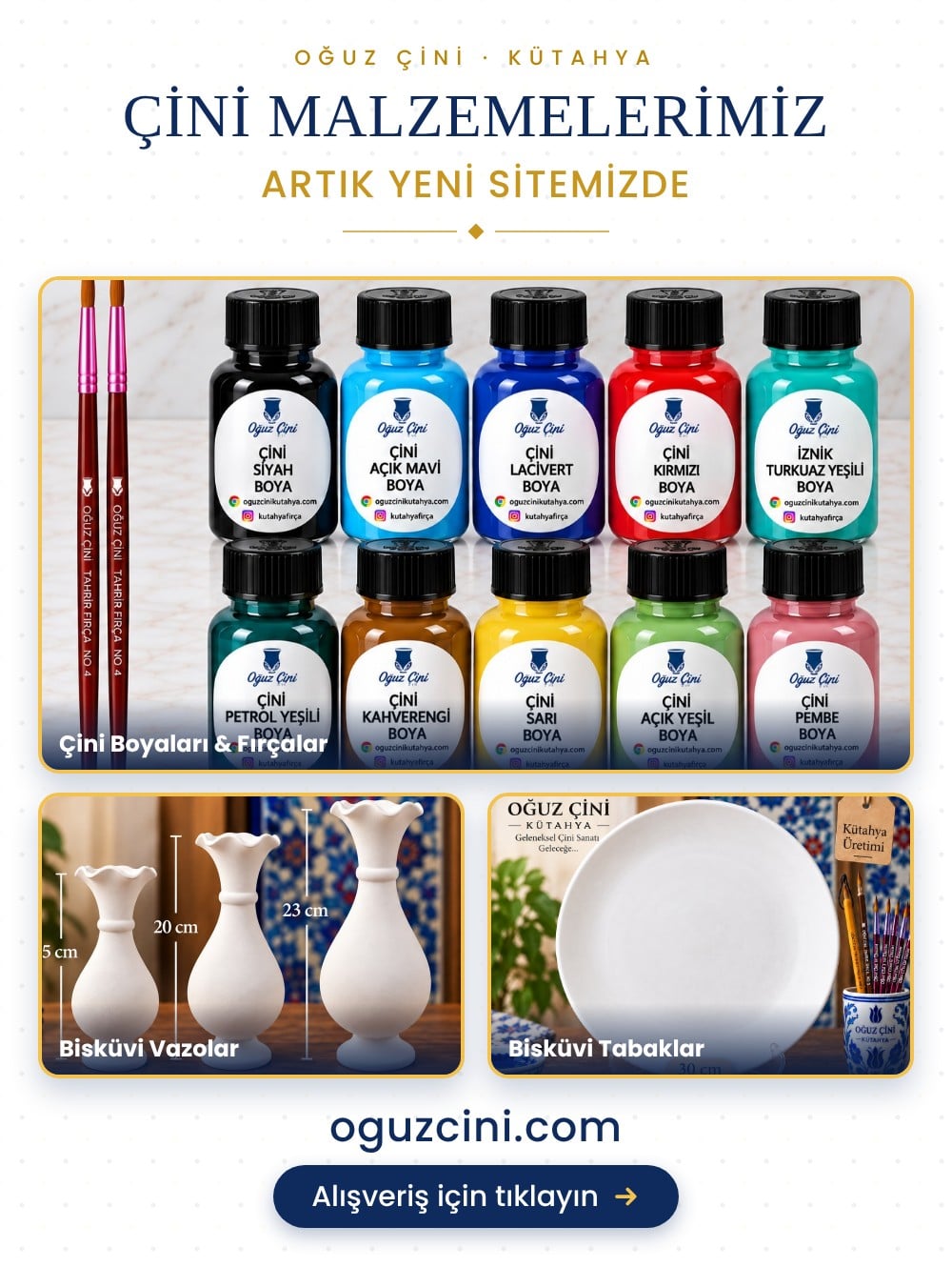 Çini boyaları, çini fırçaları ve bisküvi çini ürünleri artık oguzcini.com’da – Oğuz Çini Kütahya